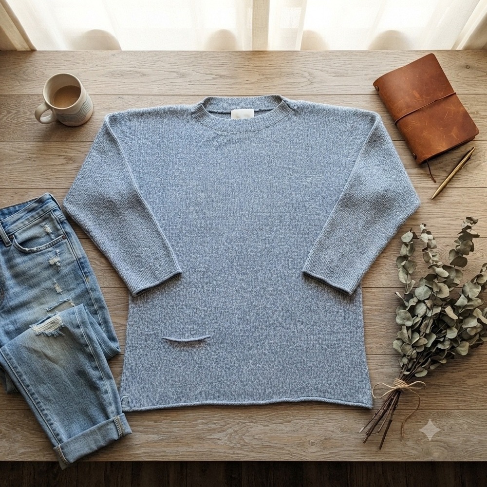 Flax Womens Gray Marled Cotton Knit Crewneck Sweater Size S/M Relaxed Fit